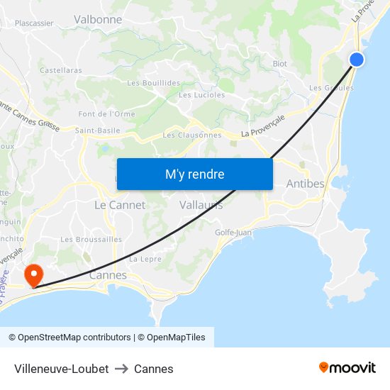 Villeneuve-Loubet to Cannes map