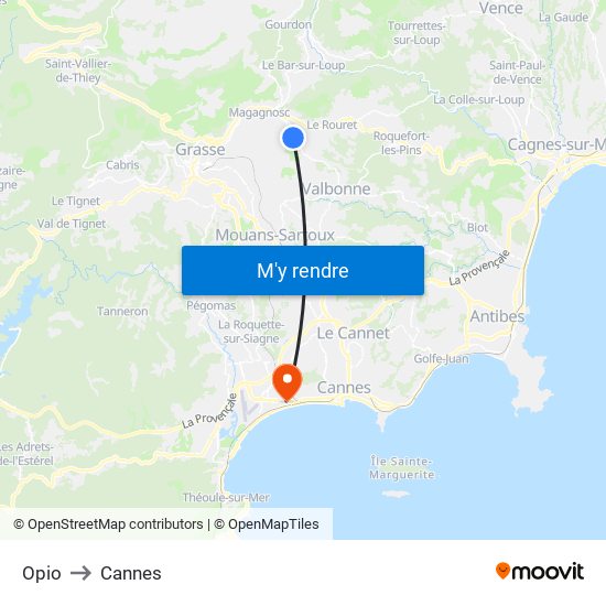 Opio to Cannes map