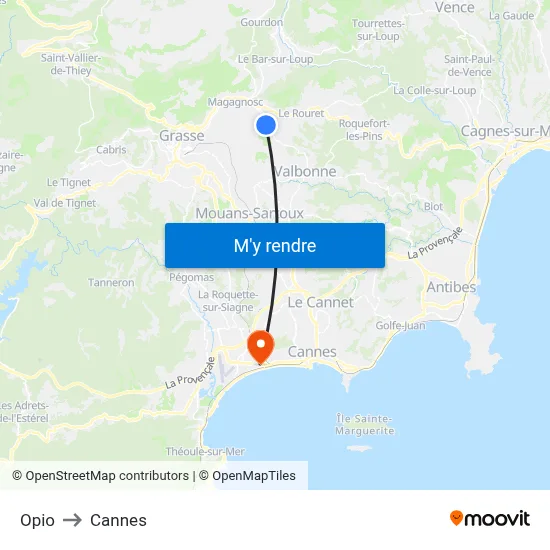 Opio to Cannes map