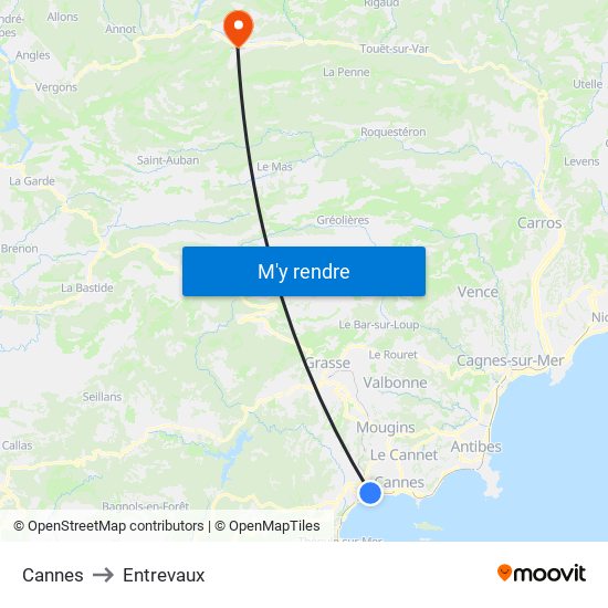 Cannes to Entrevaux map