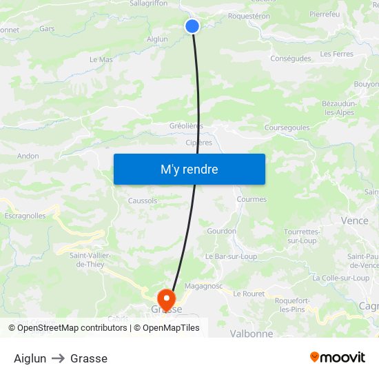 Aiglun to Grasse map