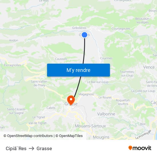 Cipiã¨Res to Grasse map