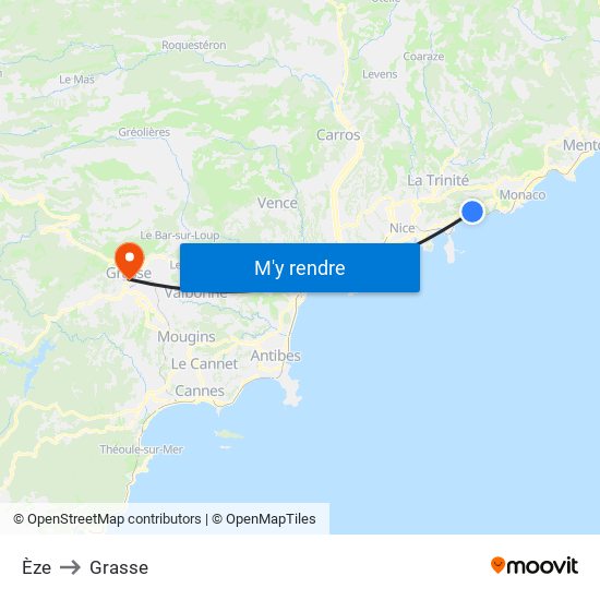 Èze to Grasse map