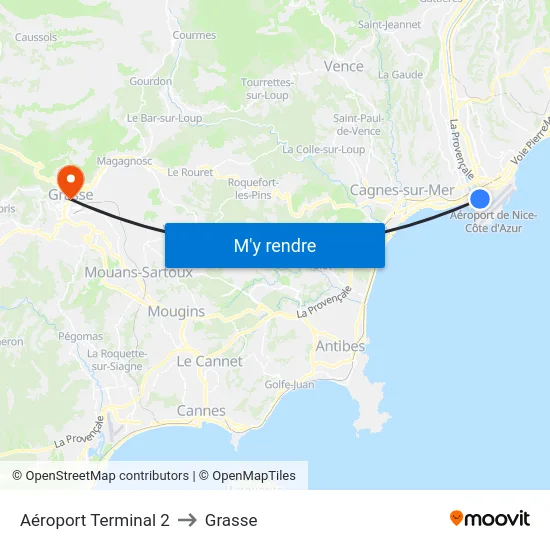Aéroport Terminal 2 to Grasse map