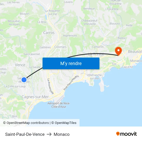 Saint-Paul-De-Vence to Monaco map