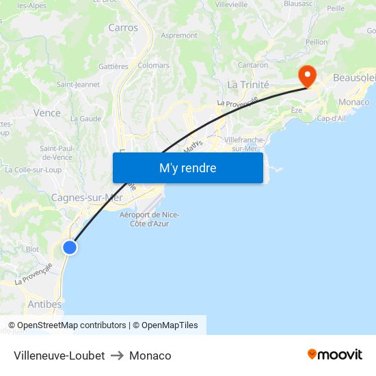 Villeneuve-Loubet to Monaco map