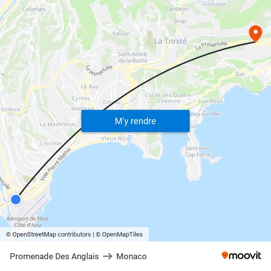 Promenade Des Anglais to Monaco map