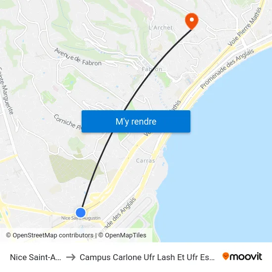 Nice Saint-Augustin to Campus Carlone Ufr Lash Et Ufr Espaces Et Cultures map