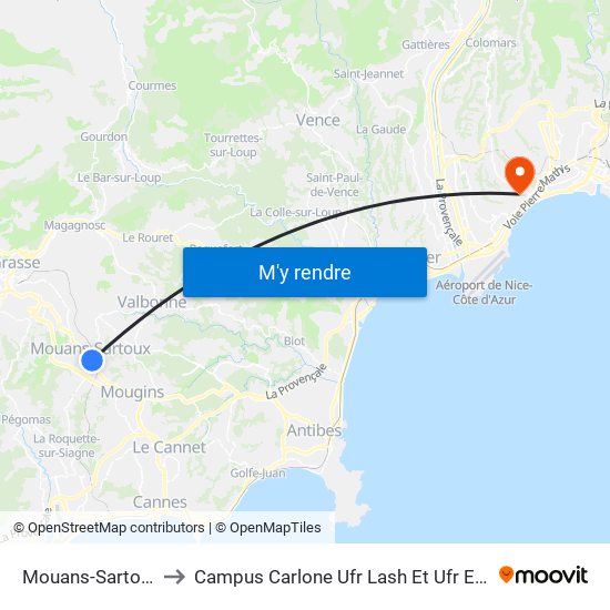 Mouans-Sartoux Centre to Campus Carlone Ufr Lash Et Ufr Espaces Et Cultures map
