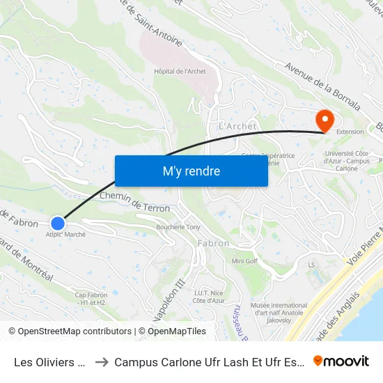 Les Oliviers /  Fabron to Campus Carlone Ufr Lash Et Ufr Espaces Et Cultures map