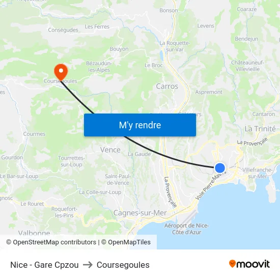 Nice - Gare Cpzou to Coursegoules map