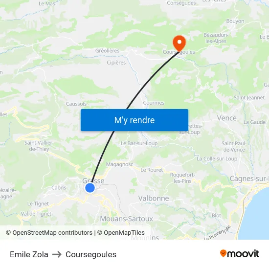 Emile Zola to Coursegoules map