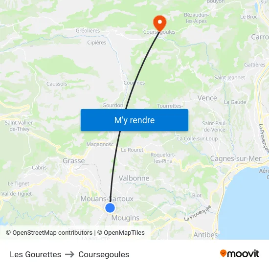 Les Gourettes to Coursegoules map