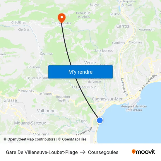 Gare De Villeneuve-Loubet-Plage to Coursegoules map
