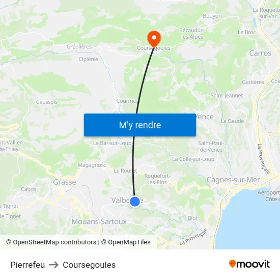 Pierrefeu to Coursegoules map