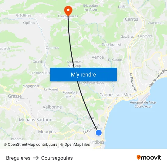 Breguieres to Coursegoules map