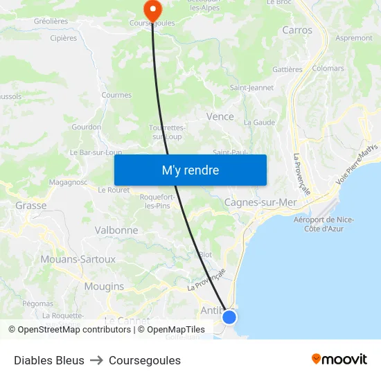 Diables Bleus to Coursegoules map