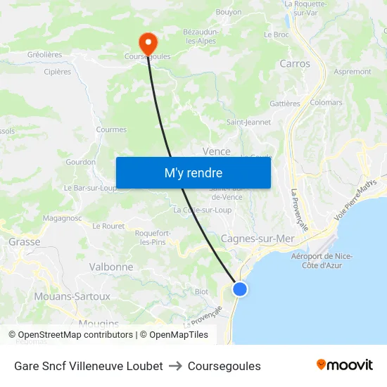 Gare Sncf Villeneuve Loubet to Coursegoules map