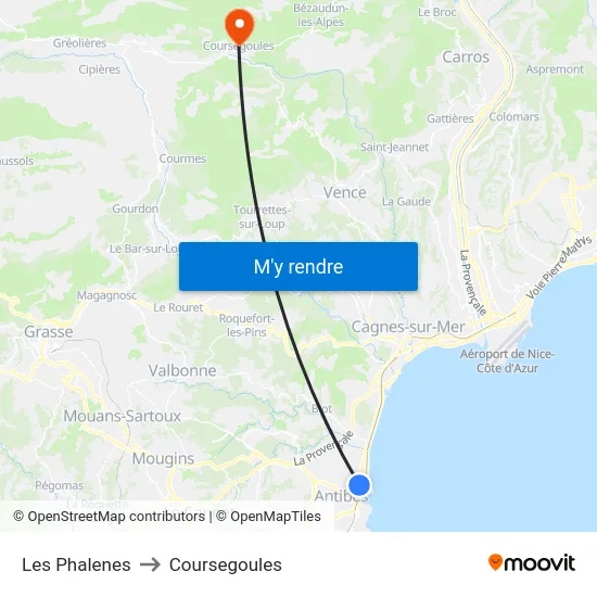 Les Phalenes to Coursegoules map