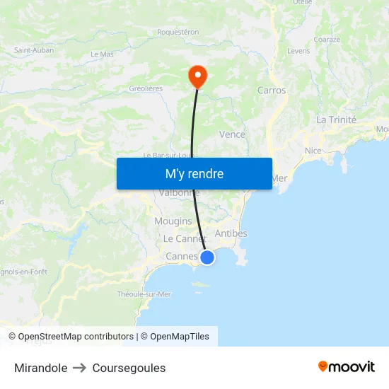 Mirandole to Coursegoules map