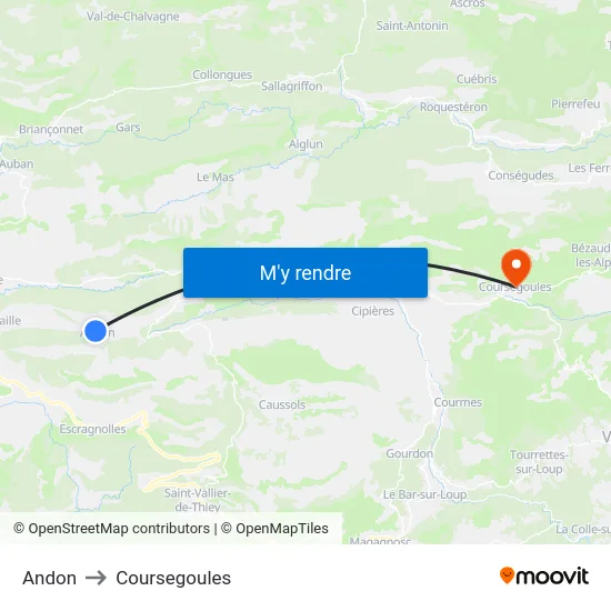 Andon to Coursegoules map