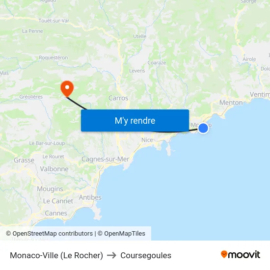 Monaco-Ville (Le Rocher) to Coursegoules map