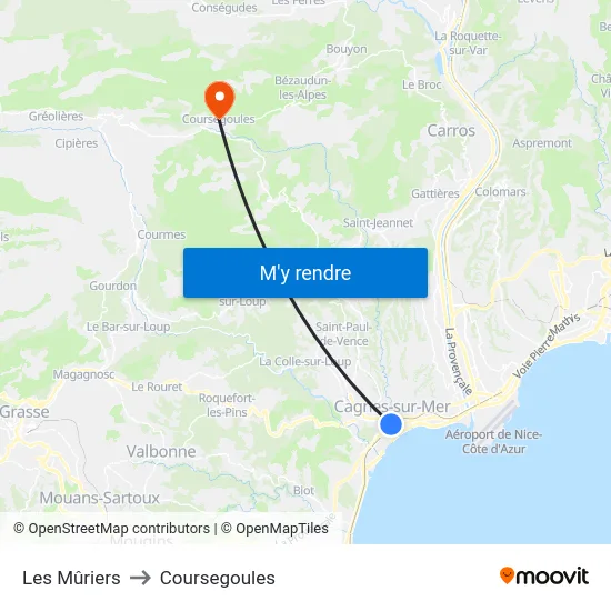 Les Mûriers to Coursegoules map