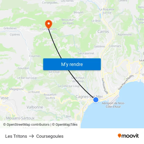 Les Tritons to Coursegoules map