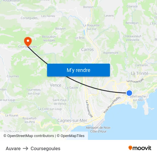 Auvare to Coursegoules map