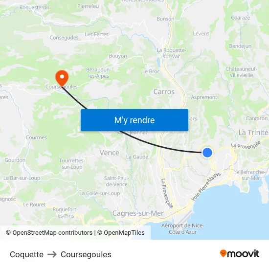 Coquette to Coursegoules map