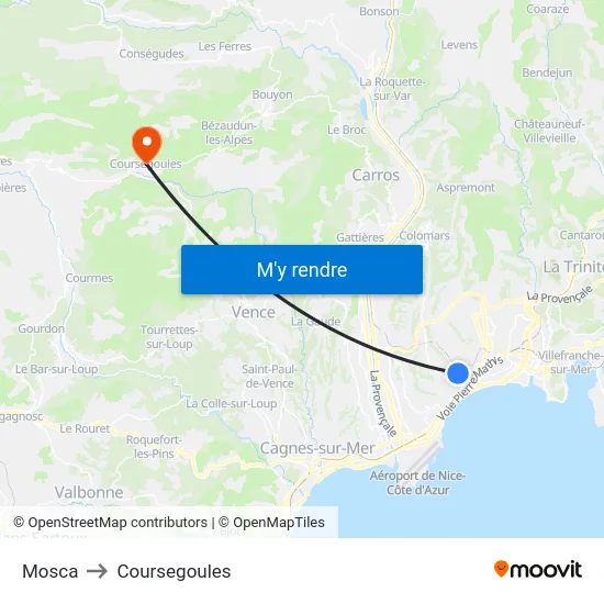 Mosca to Coursegoules map