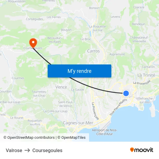 Valrose to Coursegoules map
