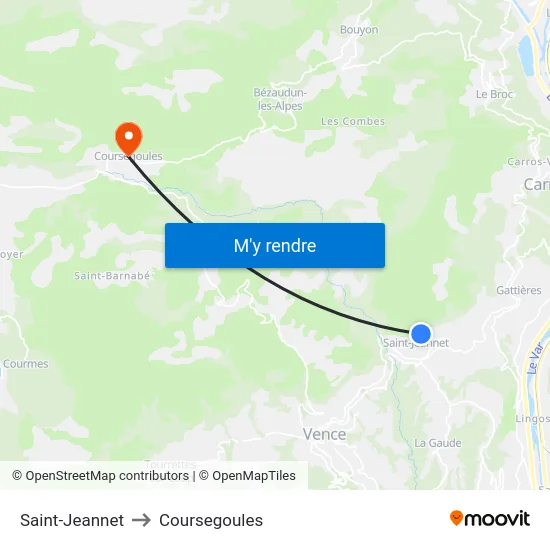 Saint-Jeannet to Coursegoules map