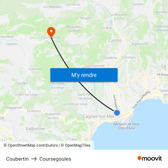 Coubertin to Coursegoules map