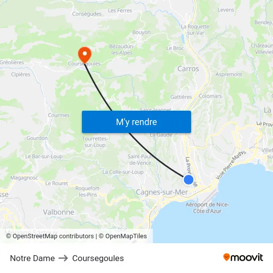 Notre Dame to Coursegoules map