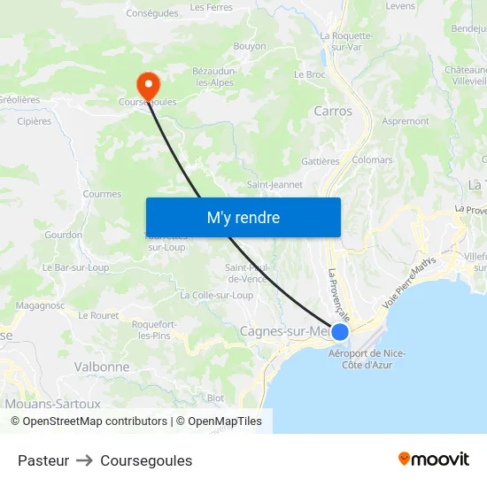 Pasteur to Coursegoules map