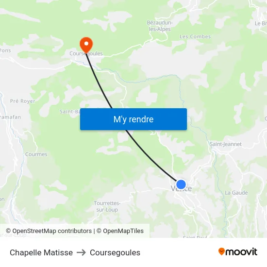Chapelle Matisse to Coursegoules map