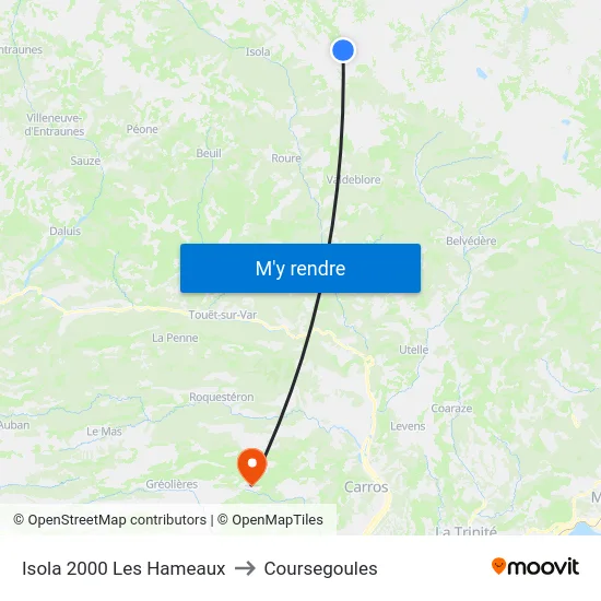 Isola 2000 Les Hameaux to Coursegoules map