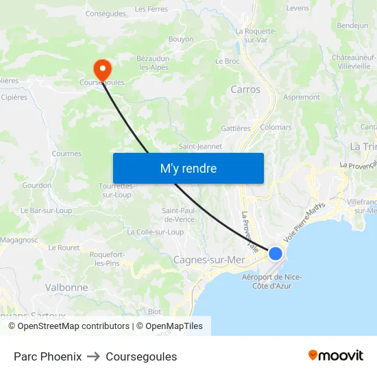 Parc Phoenix to Coursegoules map