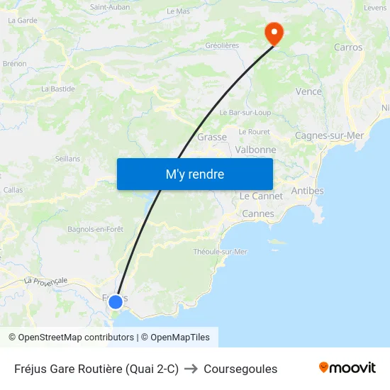 Fréjus Gare Routière (Quai 2-C) to Coursegoules map