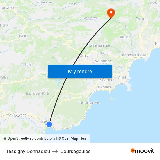 Tassigny Donnadieu to Coursegoules map