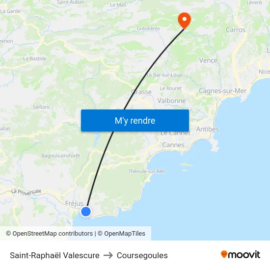 Saint-Raphaël Valescure to Coursegoules map