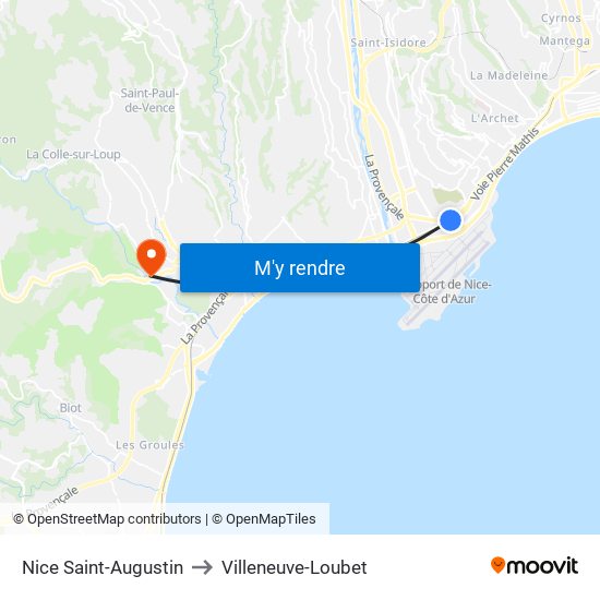 Nice Saint-Augustin to Villeneuve-Loubet map