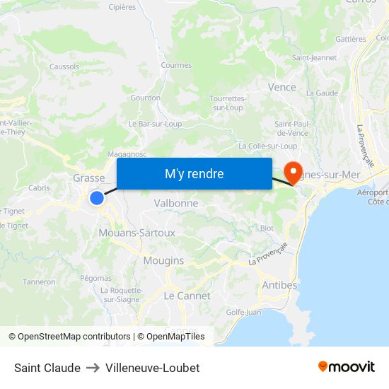 Saint Claude to Villeneuve-Loubet map