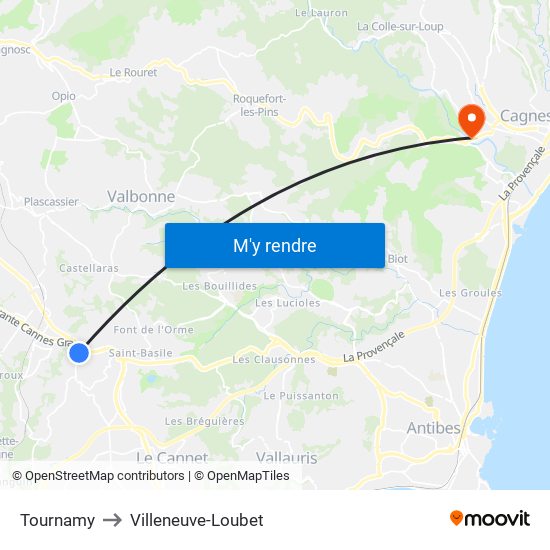 Tournamy to Villeneuve-Loubet map
