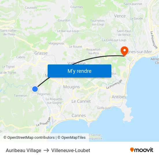 Auribeau Village to Villeneuve-Loubet map