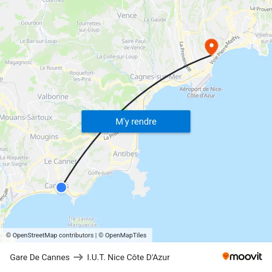 Gare De Cannes to I.U.T. Nice Côte D'Azur map