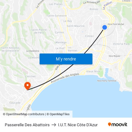Passerelle Des Abattoirs to I.U.T. Nice Côte D'Azur map