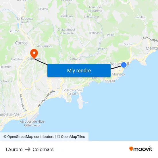 L'Aurore to Colomars map