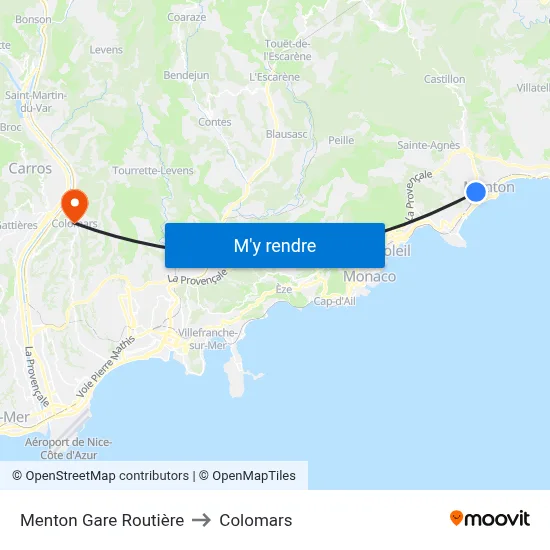 Menton Gare Routière to Colomars map